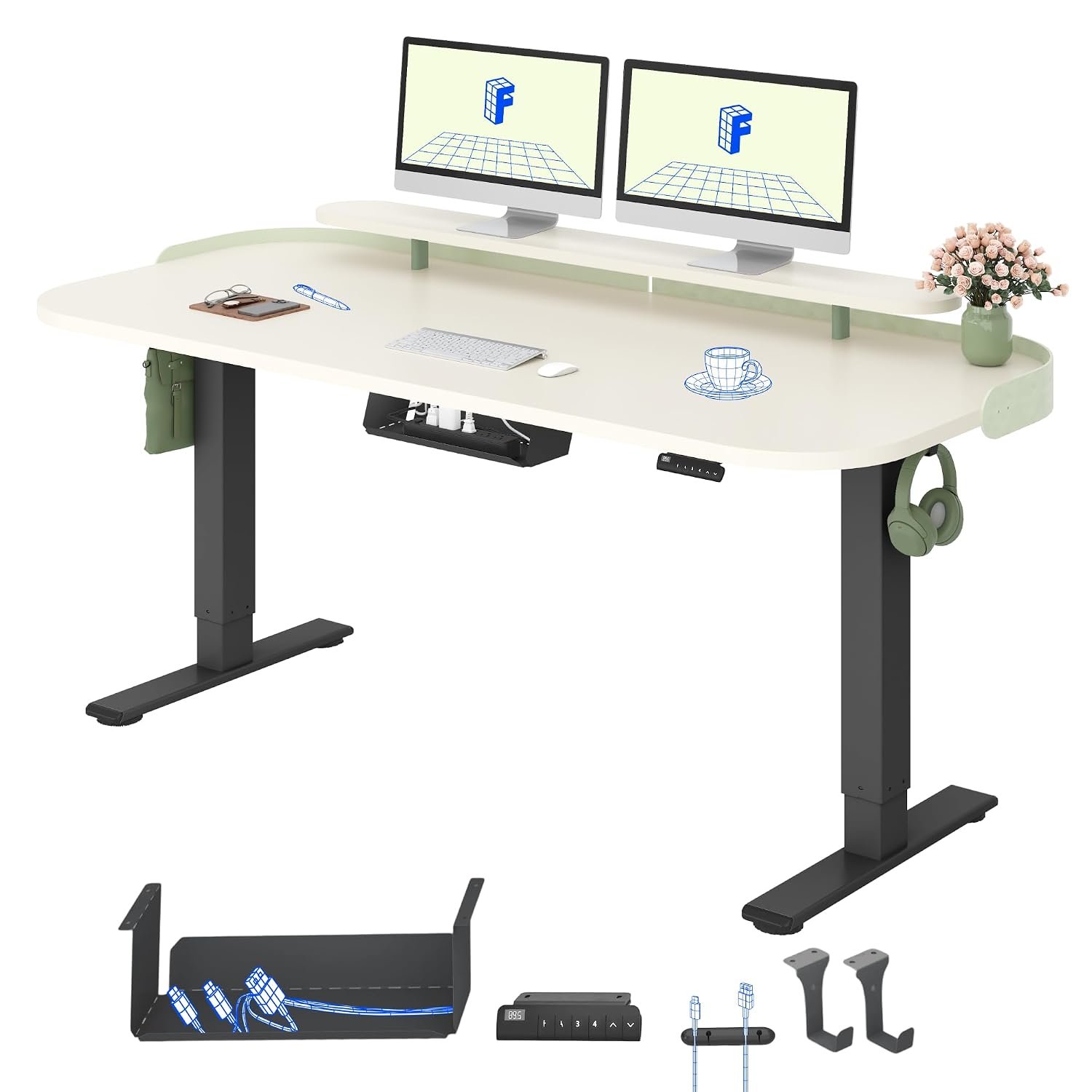 FLEXISPOT E1 Pro Electric Standing Desk with Dual Motors, ONE PIECE 160x80cm, Sit Stand Table Height Adjustable Desk with Memory Smart Pannel for Home Office, Black+White