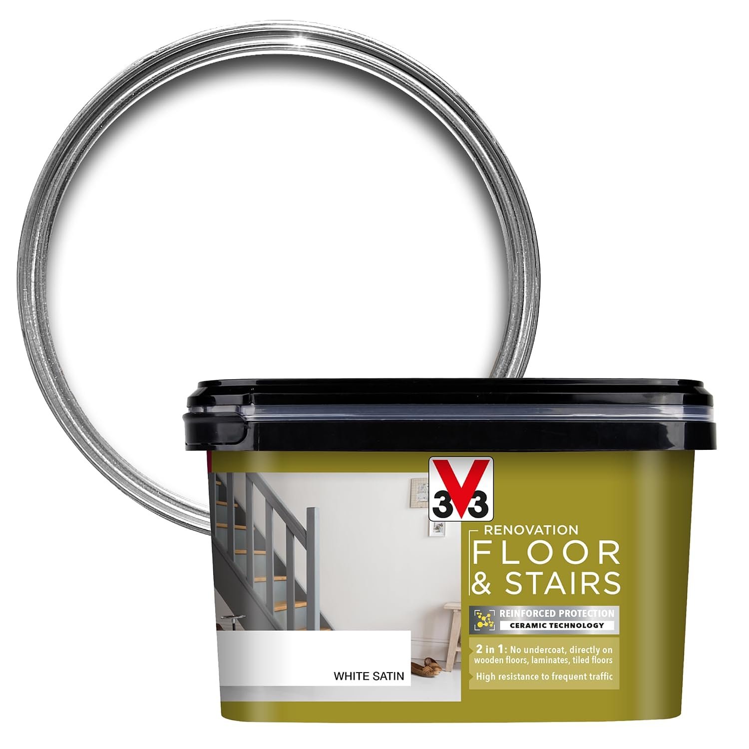 V33 Renovation Floor & Stairs Paint - No Undercoat Needed - Wooden, Laminate & Tiled Floors - Reinforced Protection - Easy Maintenance - White Satin 2 Litres