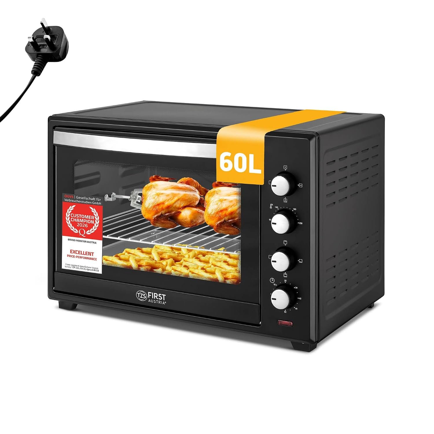 TZS First Austria - Mini Oven 60L 2000W - Small Pizza-Oven temperature control up to 230°C & 6 modes - Baking-Oven with 60 min. timer, 4 rack levels, baking tray, grill rack & rotisserie skewer