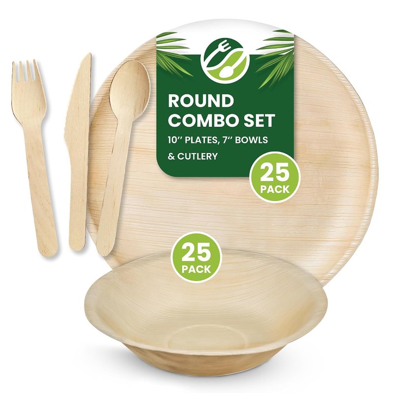 Eco Leaf 125pcs Disposable Palm Leaf Plates, Bowls and Wooden Cutlery Set – 25 Large Round Plates, 25 Bowls, 25 Forks, Knives and Spoons – Eco-Friendly, Oven Safe, Ideal for Parties