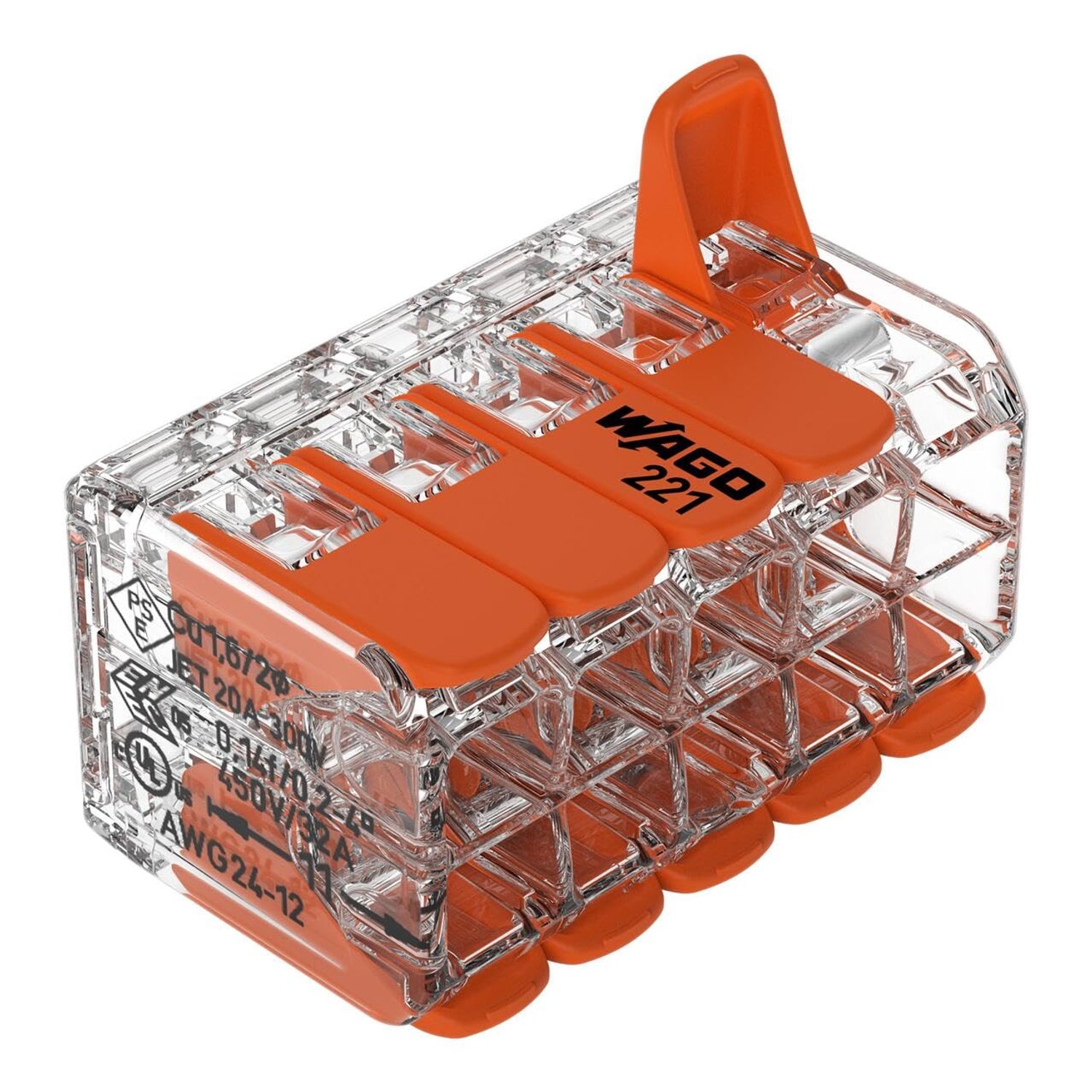 WAGO 221-420 Compact Splicing Connector, for all conductor types, max. 4 mm², 10-conductor with levers, transparent housing, 221-420 (Pack of 15)