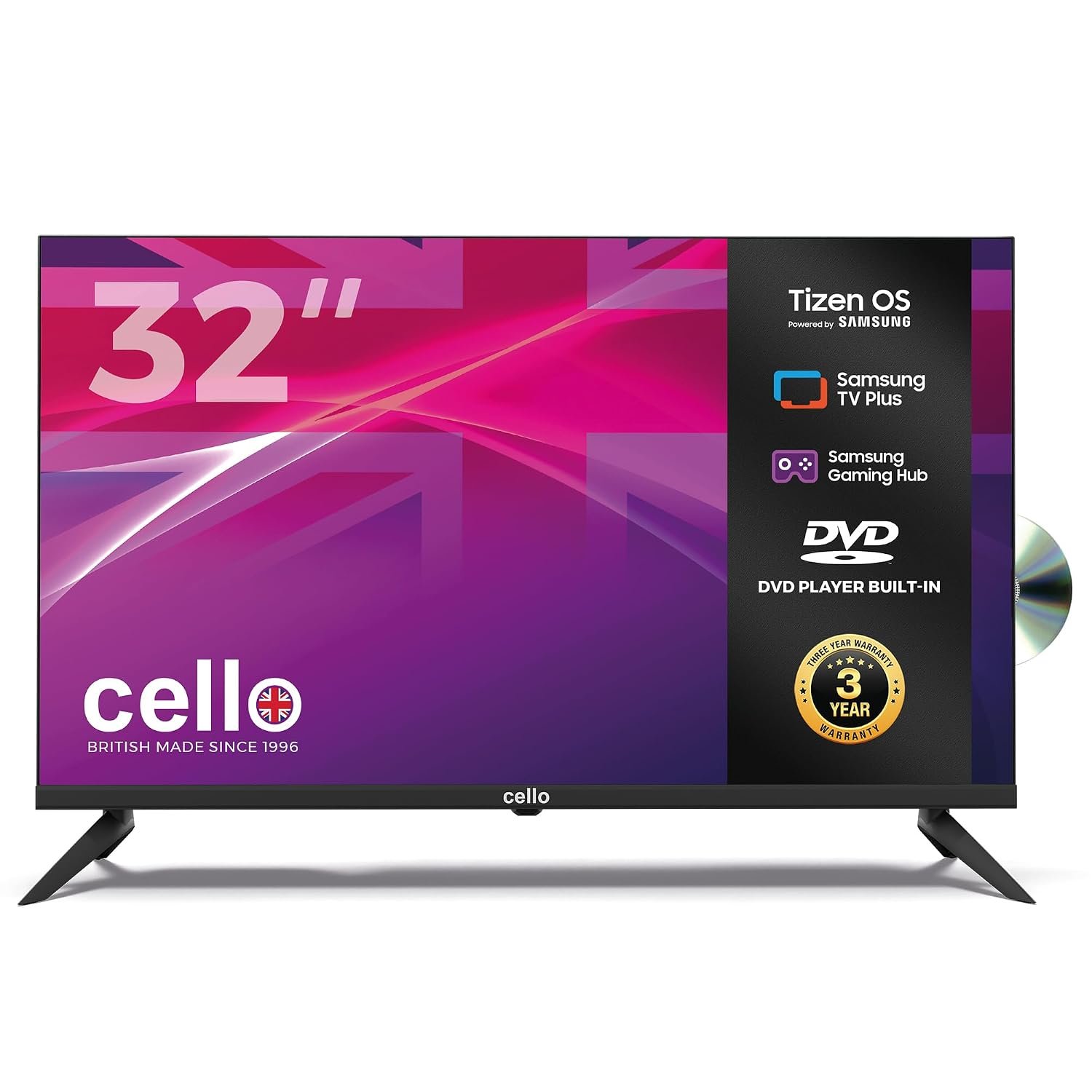 Cello C3226TZF Frameless 32 Inch HD Smart TV with DVD Powered by Tizen Operating System Cloud Gaming without Console - Bluetooth, HDMI, USB & Wi-Fi Connectivity Made in UK