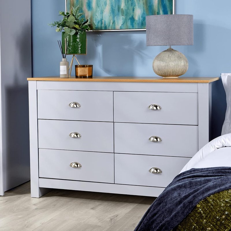 Home Source Camden Bedroom 6 Drawers Chest of Drawers Wooden Bedroom Home Furniture Clothing Storage Unit, Grey