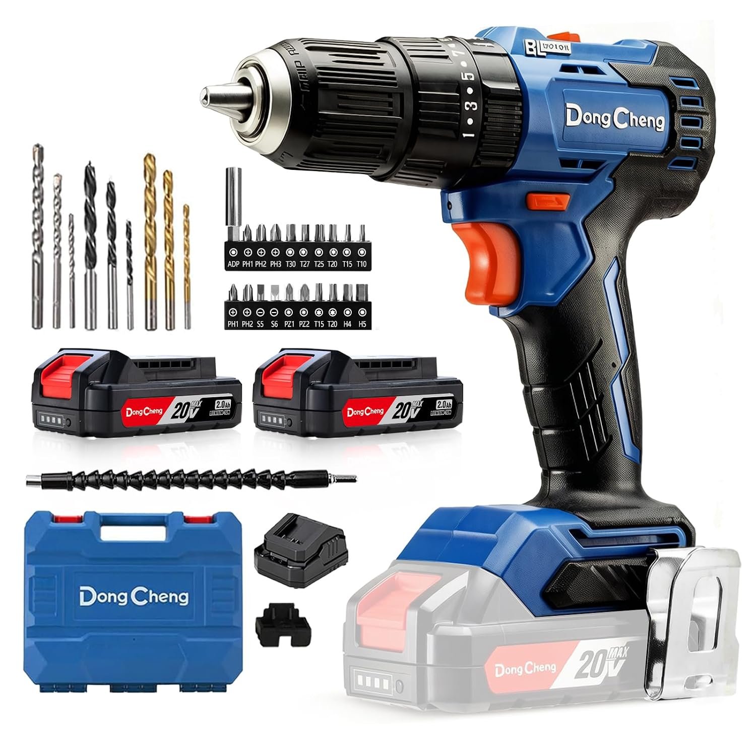 Dong Cheng 20V Brushless Heavy-Duty Impact Drill, 50N.m, 2x2.0Ah Battery, 13mm Keyless Metal Chuck, 27000 IPM, 20+1+1 Clutch, Cordless Hammer Drill for Drilling Brick Wall, Metal, Wood