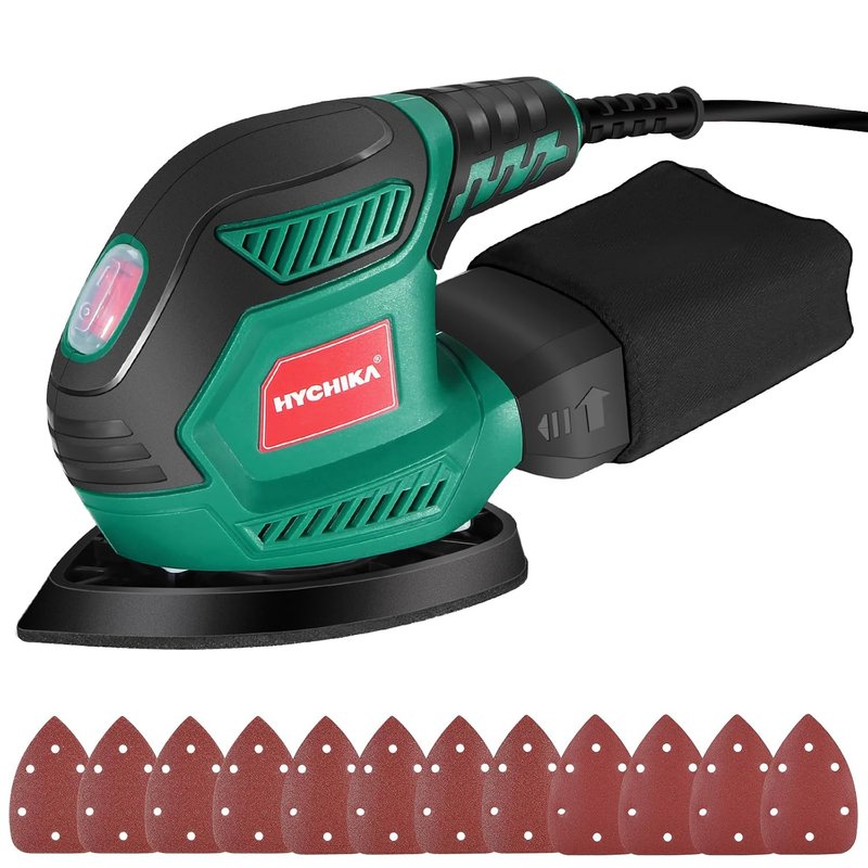 HYCHIKA Sander for Wood 200W, Electric Sander with Dust Collector, 12PCS Sandpapers, 14000RPM Compact Electric Detail Sander Ideal for Tight Space Sanding, Furniture Finishing