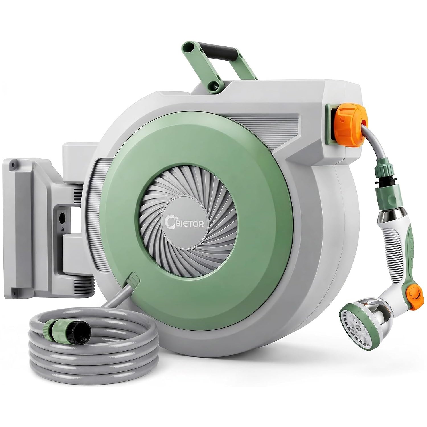 Bietor Retractable Garden Hose Reel, 1/2“ x 30m+2m Upgraded UV Resistant Heavy Duty Wall Mounted Hose Reel with 10 Patterns Nozzle, Any Length Lock, Slow Return System, 180°Swivel Bracket
