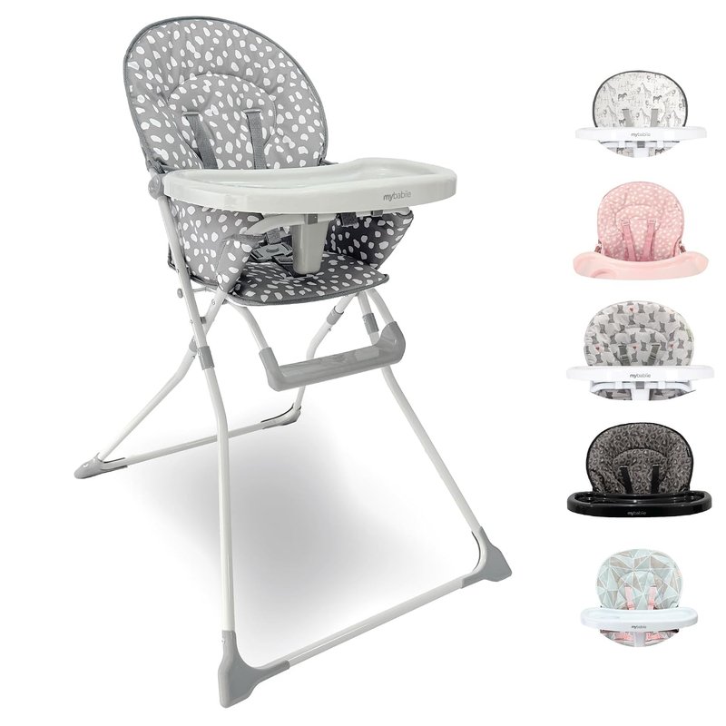 My Babiie MBHC1 Compact Highchair – Ultra Lightweight (5kg), Foldable, Easy Clean, Padded Seat, Footrest, Tray Cup Holder, for Toddler, from 6 Months to 3 Years (15kg) – Grey Dalmation