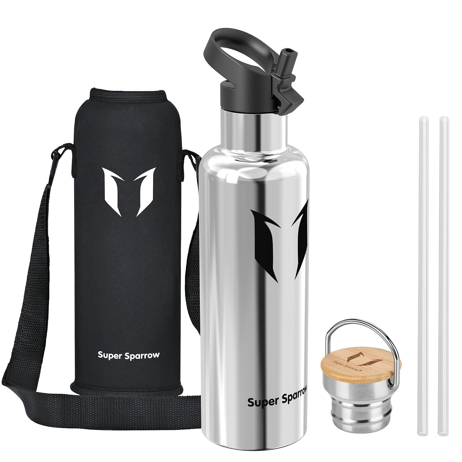 Super Sparrow Water Bottle Stainless Steel - 1000ml - Insulated Metal Water Bottles - Standard Mouth Flask - BPA Free - Straw Bottle for Work, Gym, Sports - 2 Lids