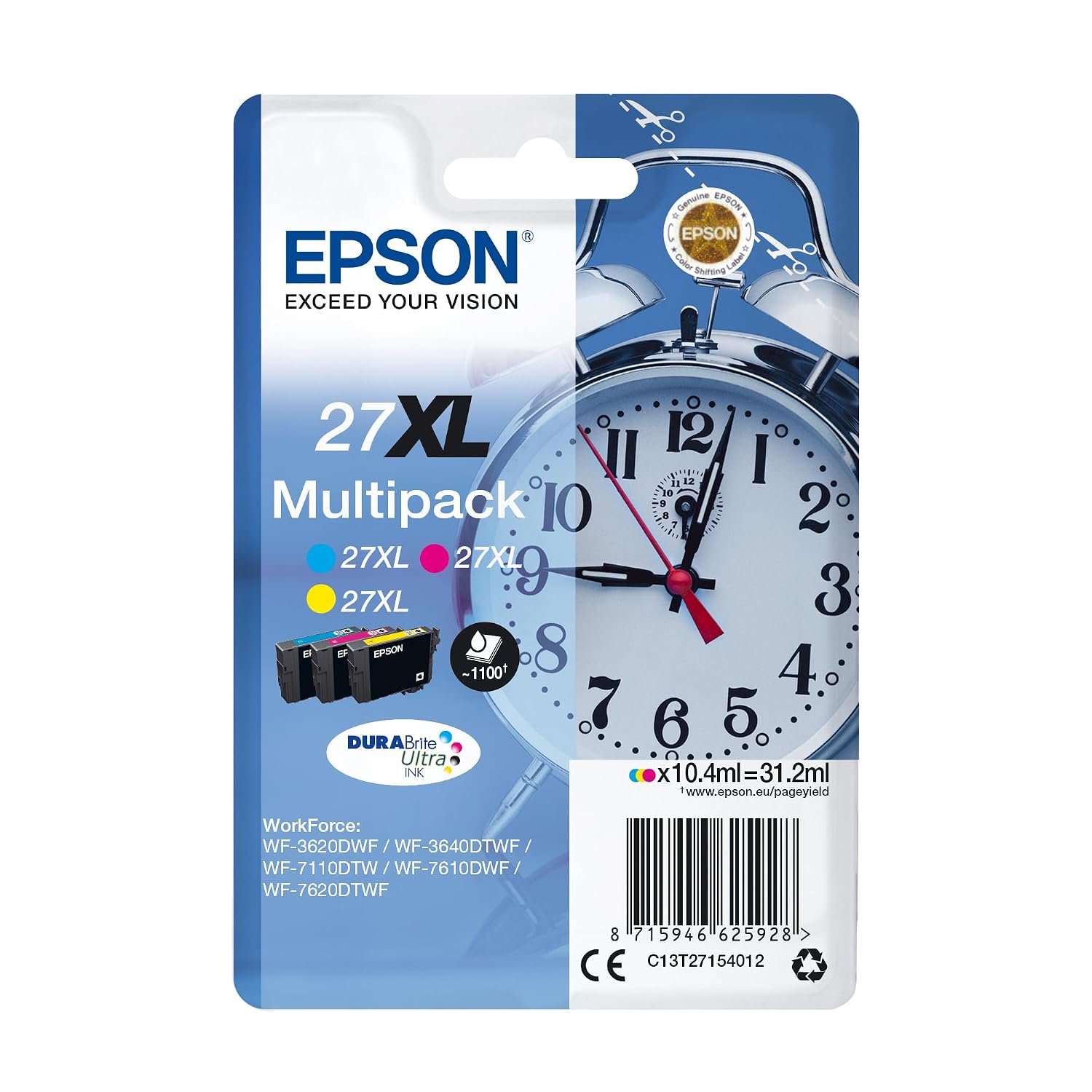 Epson Multipack 27XL, XL Ink Cartridges High Capacity, WF-3620DWF/WF-3640DTWF/WF-7110DTW/WF-7210DTW/WF-7610DWF/WF-7620DTWF/WF-7710DWF/WF-7715DWF/WF-7720DTWF, Cyan, Magenta, Yellow, XL High Capacity