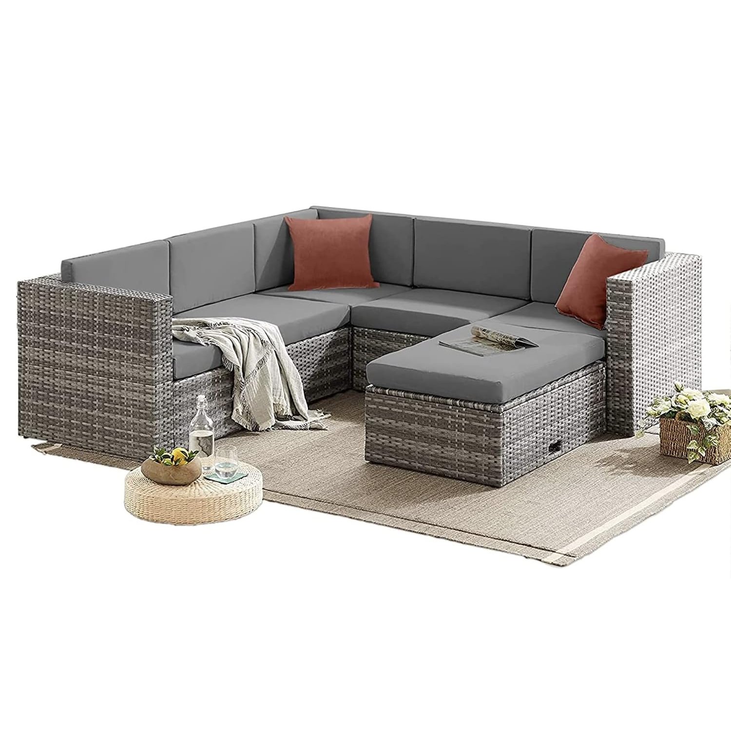 EVRE Monaco Rattan Garden Furniture Set 6 Piece Seat 5 Sofa 1 Ottoman Footstool Outdoor Wicker Weave Lounge Sofa and Glass Top Table with Cushions (Grey)