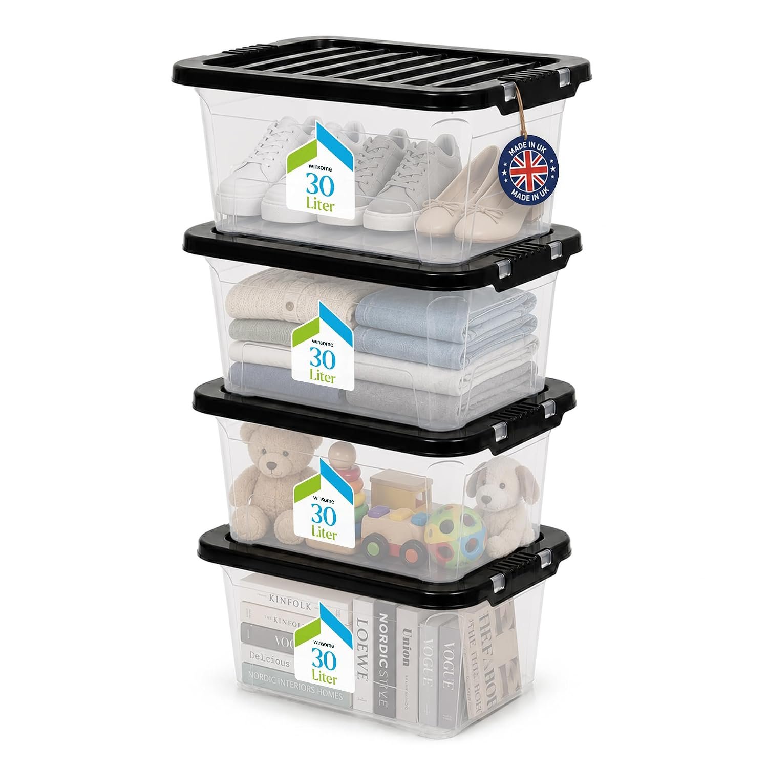WINSOME 30L Plastic Storage Boxes with Lids Pack of 4 | Clear Stackable Storage Containers for Clothes, Bedding, Toys, Shoes, Tools & Household Items | Secure Clip-Lock Storage Boxes | Made in UK