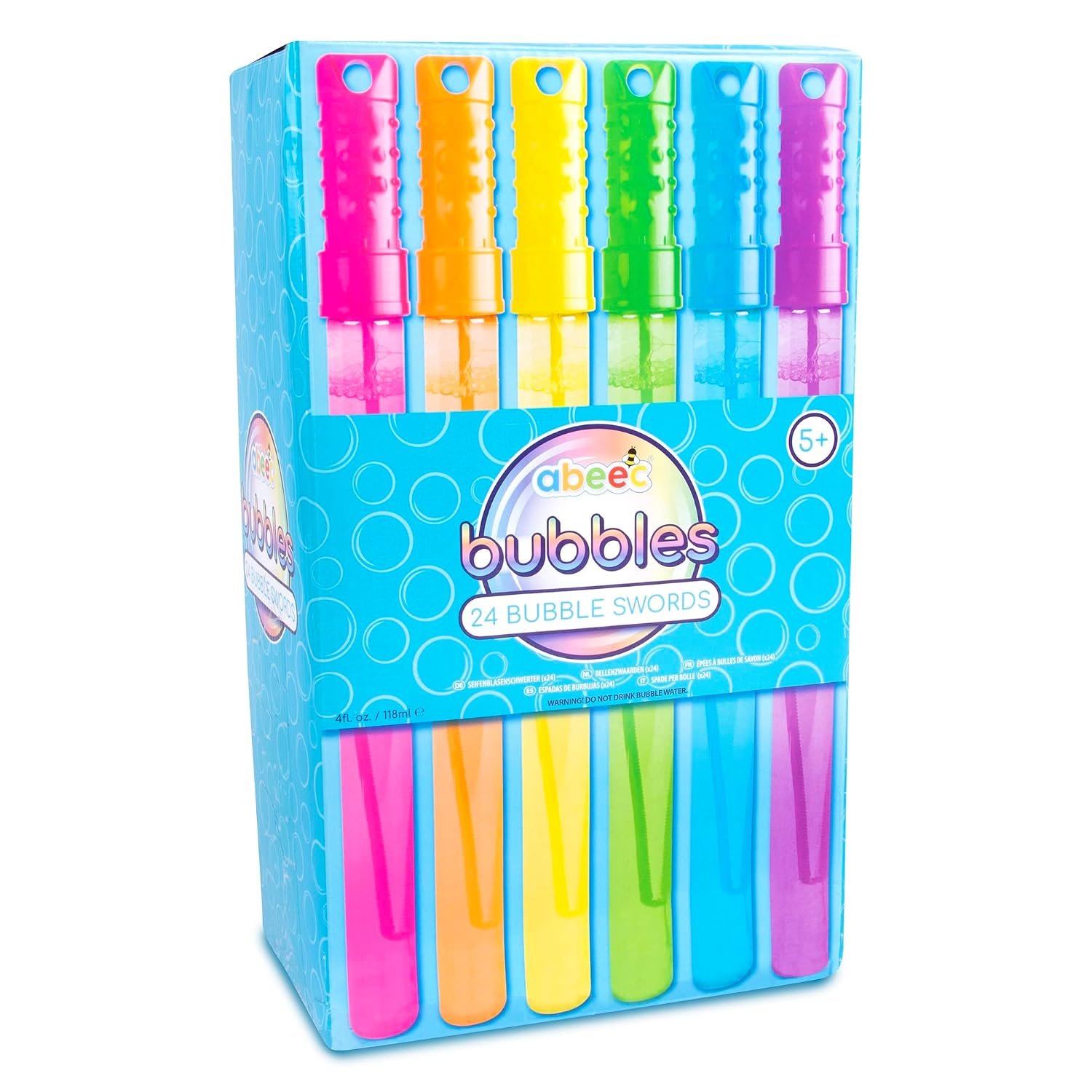 abeec 24 Pack Bubble Wands for Kids | Bubble Swords Multipack 118ml Solution Included | 6 Colours in Storage Box | Party Bag Fillers, Wedding Favours, Outdoor Toys Ages 3+