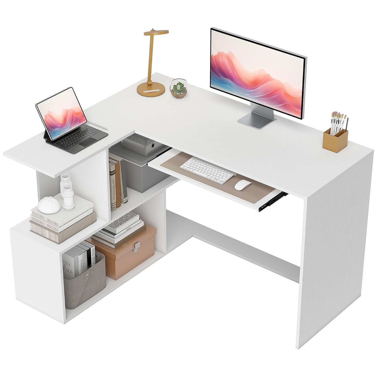 HOMCOM L-Shaped Corner Desk with Keyboard Tray, Computer Desk for Home Office with 4 Open Shelves, Space-Saving Study Workstation, 120 x 100 x 76 cm, White Wood Effect