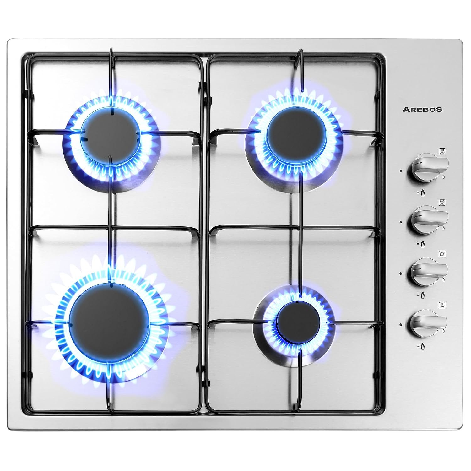 Arebos 4-burner gas hob | 58 cm stainless steel stove with automatic flame protection | Natural or propane gas | Self-sufficient, efficient, and energy-saving