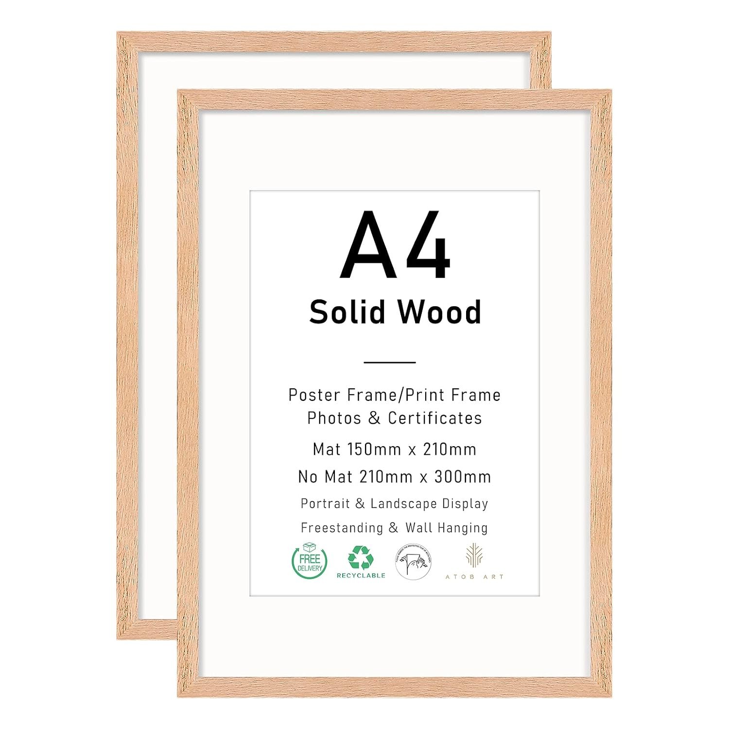A4 Certificate Picture Frame, OAK Wood Photo Frame with mount for 15x21 cm print, Poster Frame with plexiglass for Wall Mount Display, 21x30 cm, Set of 2