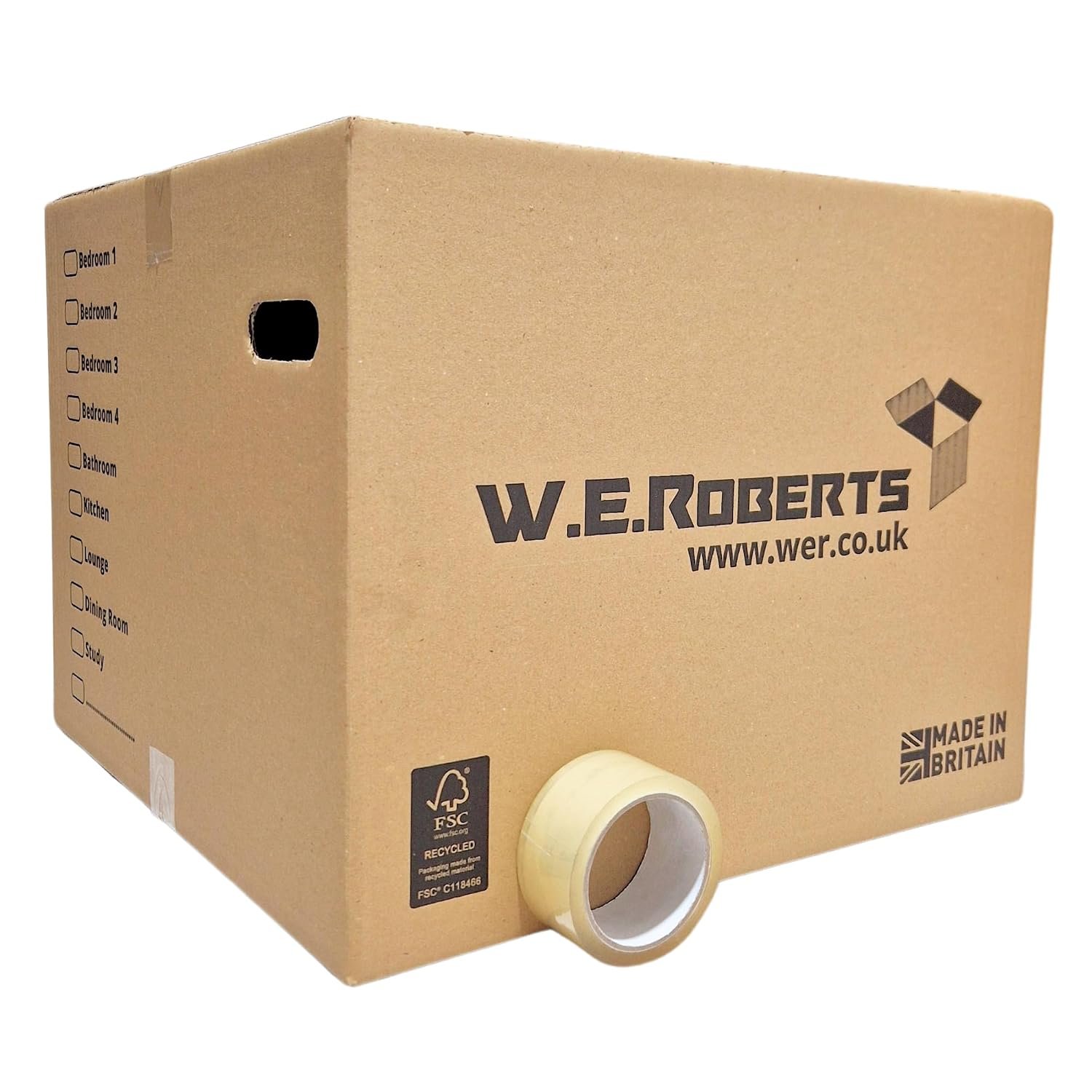 W.E. Roberts 20 Strong Extra Large Cardboard moving Boxes. Packing boxes for moving house with Printed Room List and Carry Handles 52cm x 52cm x 40cm cardboard boxes and 66 Metres Clear Low Noise Tape
