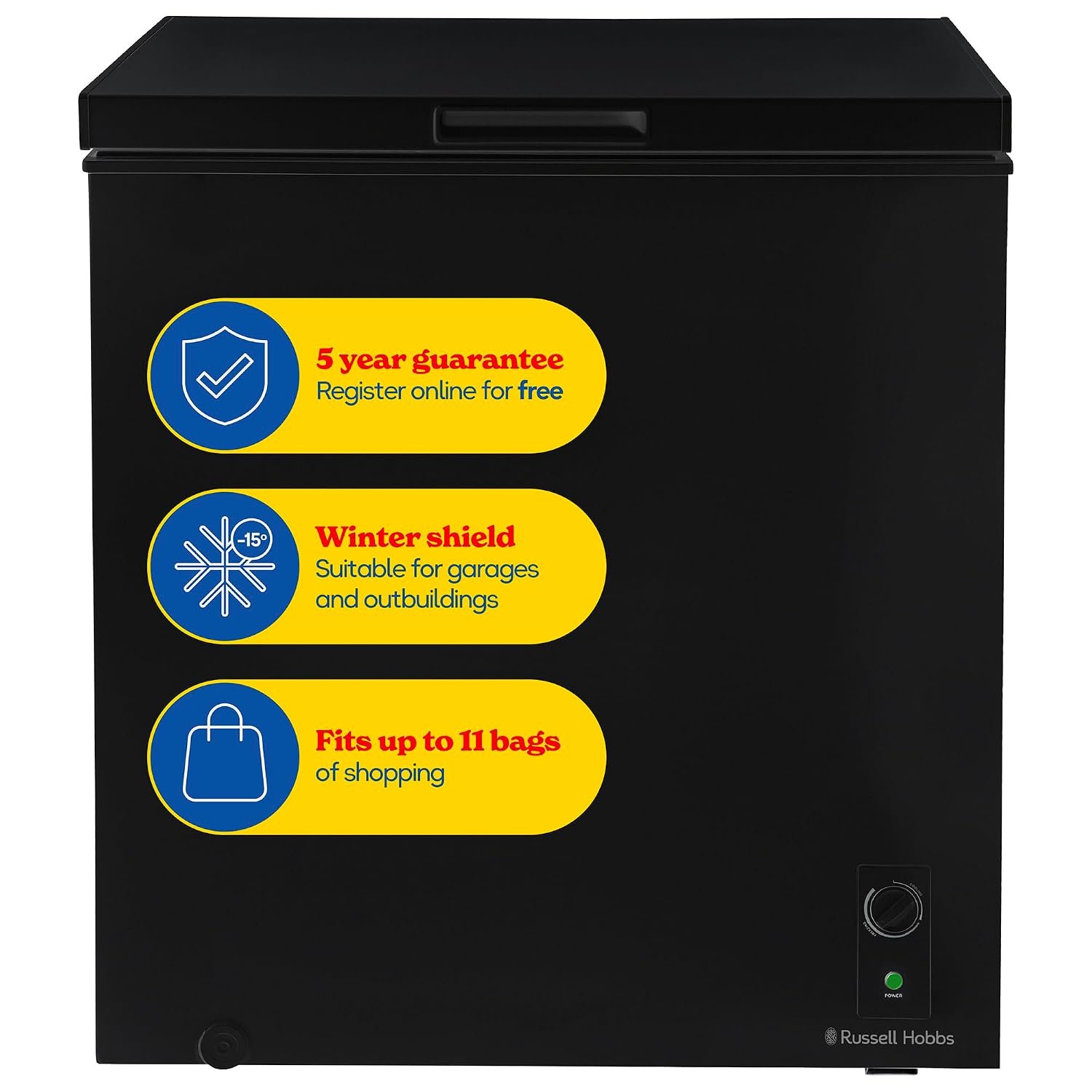 Russell Hobbs Black Chest Freezer 198L Freestanding, Adjustable Thermostat, Chill or Freeze Function, 4 Star Freezer Rating & Suitable for Outbuildings & Garages RH198CF0E1B