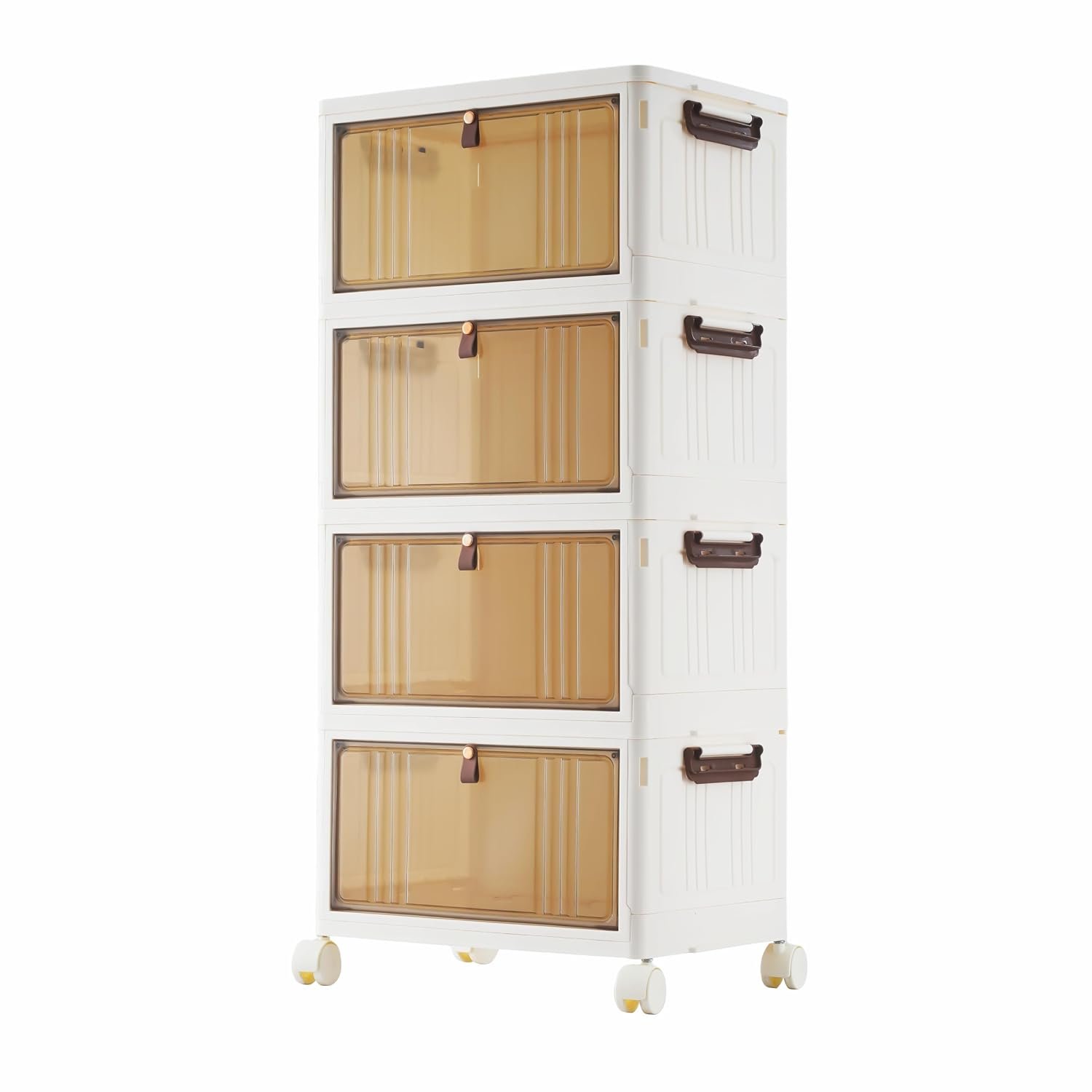 BARGAIN FACTORY Storage Boxes with Lid, 4-Tier Stackable,23L Capacity per Tier Plastic Storage Boxes, Folding Wheeled Storage Bins with Brakes