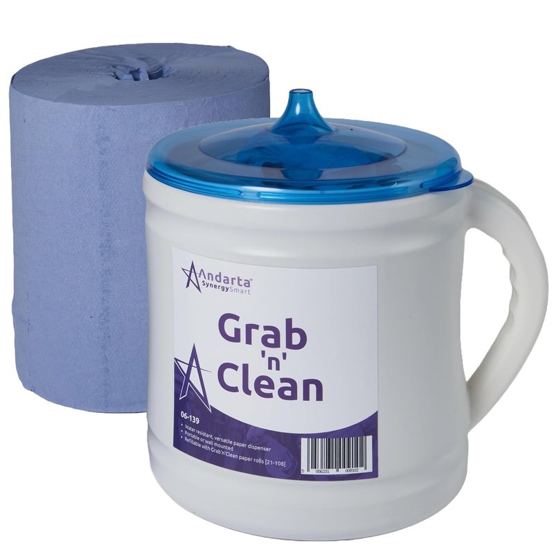 Andarta - Grab 'n' Clean Dispenser Kit - Includes Dispenser & x1 Blue Roll - Portable Wiper Roll Dispenser - Closed System Design with Single Sheet Dispensing - Wall Mountable