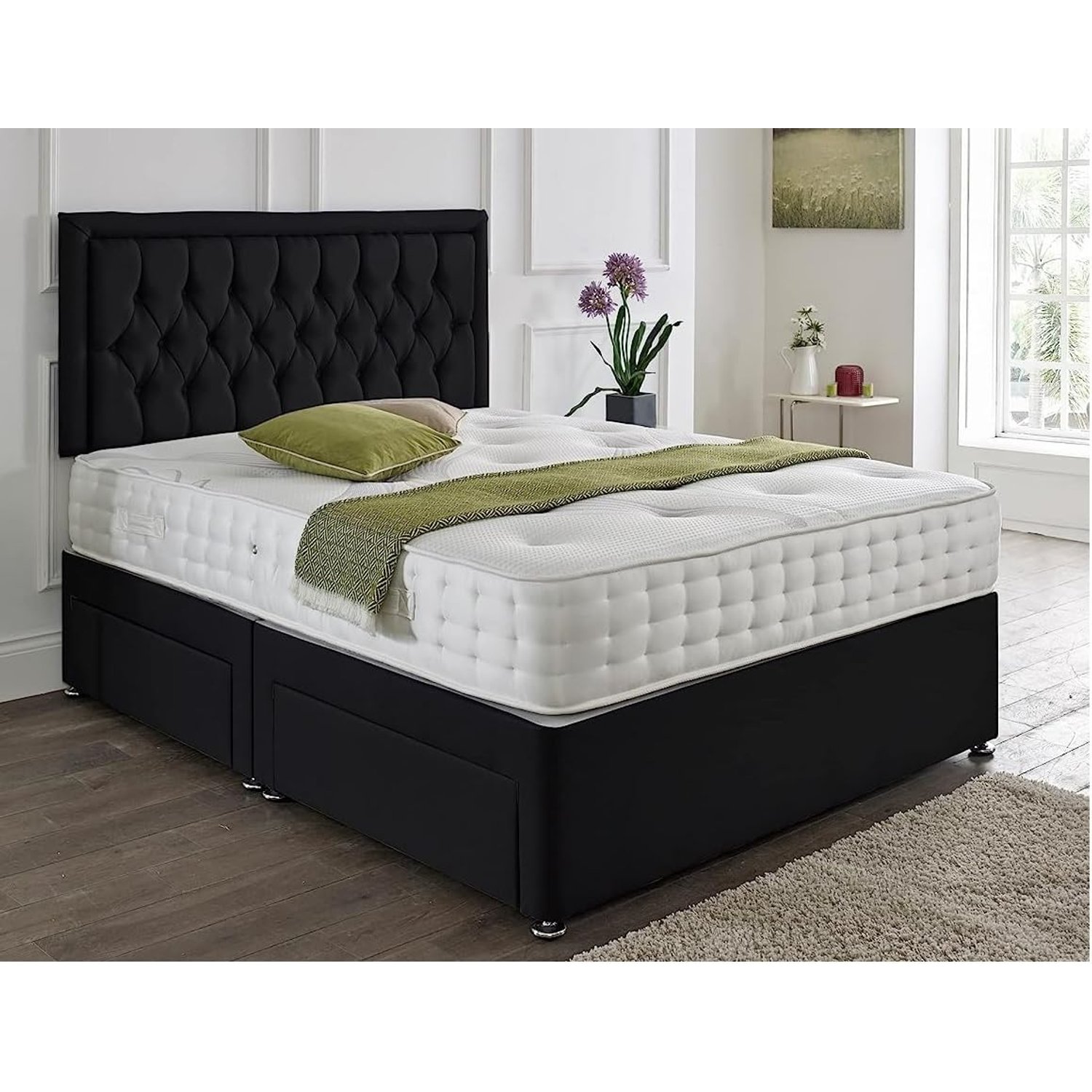 SANA SLEEP Designer Damask Memory Foam Divan Bed Set With Mattress, 2 Drawers (Same Side) and Headboard 4FT Small Double - Damask Black