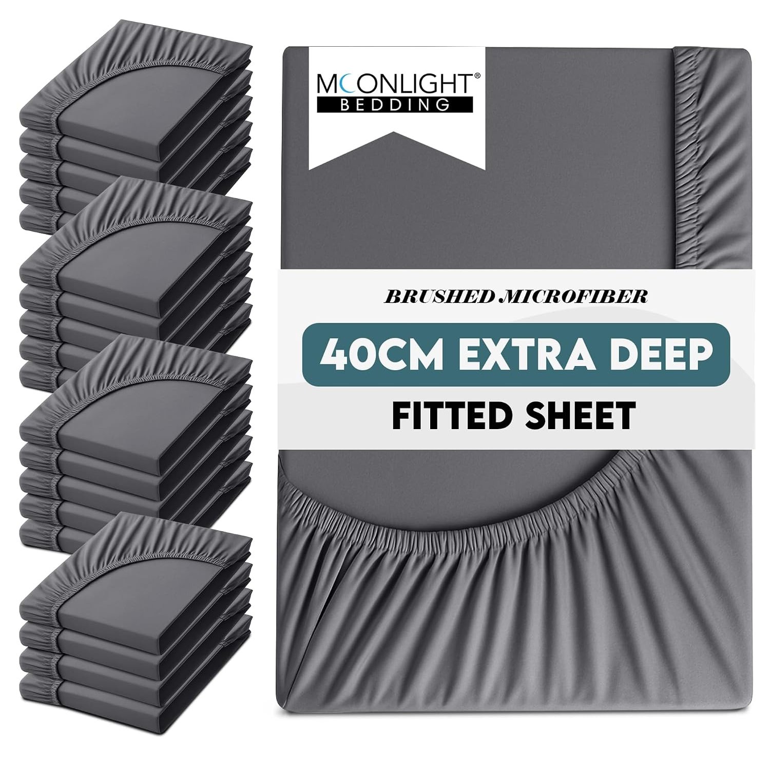 Moonlight Bedding Single Fitted Sheet Deep Fit 40CM 20 Pack Charcoal Bed Sheet with Elastic Corners 16 Inch Extra Pocket Brushed Microfiber Easy Care Breathable Shrinkage Fade-Resistant