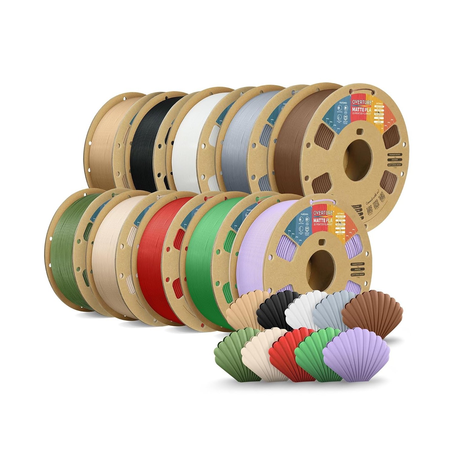 OVERTURE 10KG Matte PLA Filament 1.75mm Bundle, Matte Light Brown+Black+White+Light Gray+Chocolate+Army Green+Skin+Brick Red+Green+Lilac PLA 3D Printer Filament 1kg (2.2lbs) Cardboard Spool