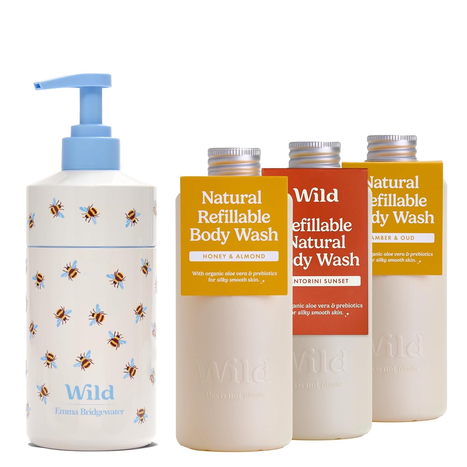 Wild Natural Refillable Body Wash Starter Kit - Black Aluminium Case & 3 Pack of Shower Gel Refills in a Variety of Scents - Includes Coconut & Vanilla, Fresh Cotton & Energise Scents