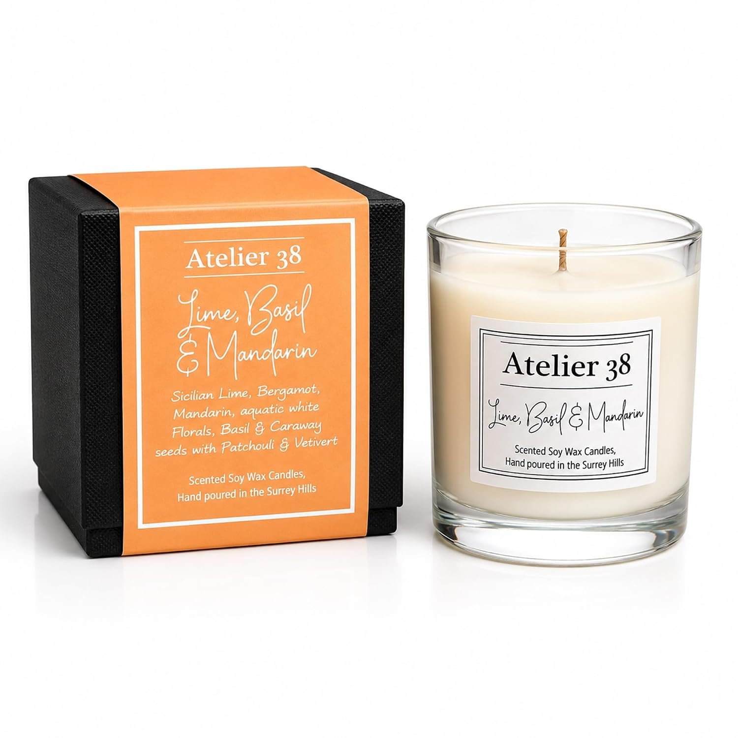 Atelier 38 Lime Basil & Mandarin Scented Candle 210g - Luxury Soy Candle, Up to 50 Hour Burn Time, Candle Jar Home Fragrance, Long Burning Candle, Housewarming Gift, Made in Surrey Hills