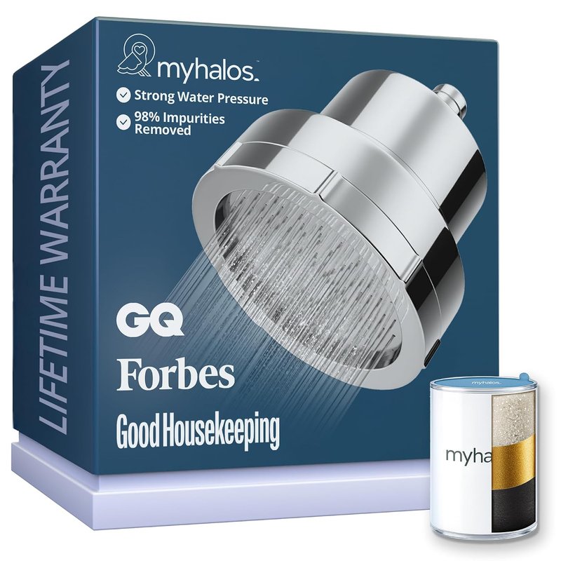 MyHalos® Shower Filter for Hard Water UK - High Pressure Fixed Filter Shower Head to Reduce Chlorine, Water Softener - Easy to Install Power Filtered Showerhead (Chrome)