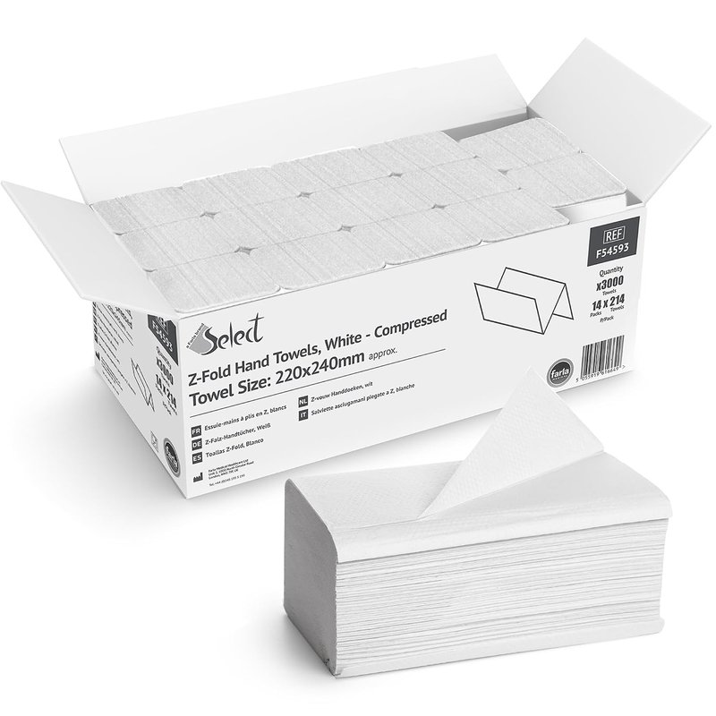 Select Z Fold 2 Ply Paper Hand Towels - 14 Packs of 214 (3000 Sheets - 22x24 cm) Thick Quick Dry Quality Multifold Tissue Paper - Perfect Disposable Hand Towels for Kitchen Bathroom Restaurant