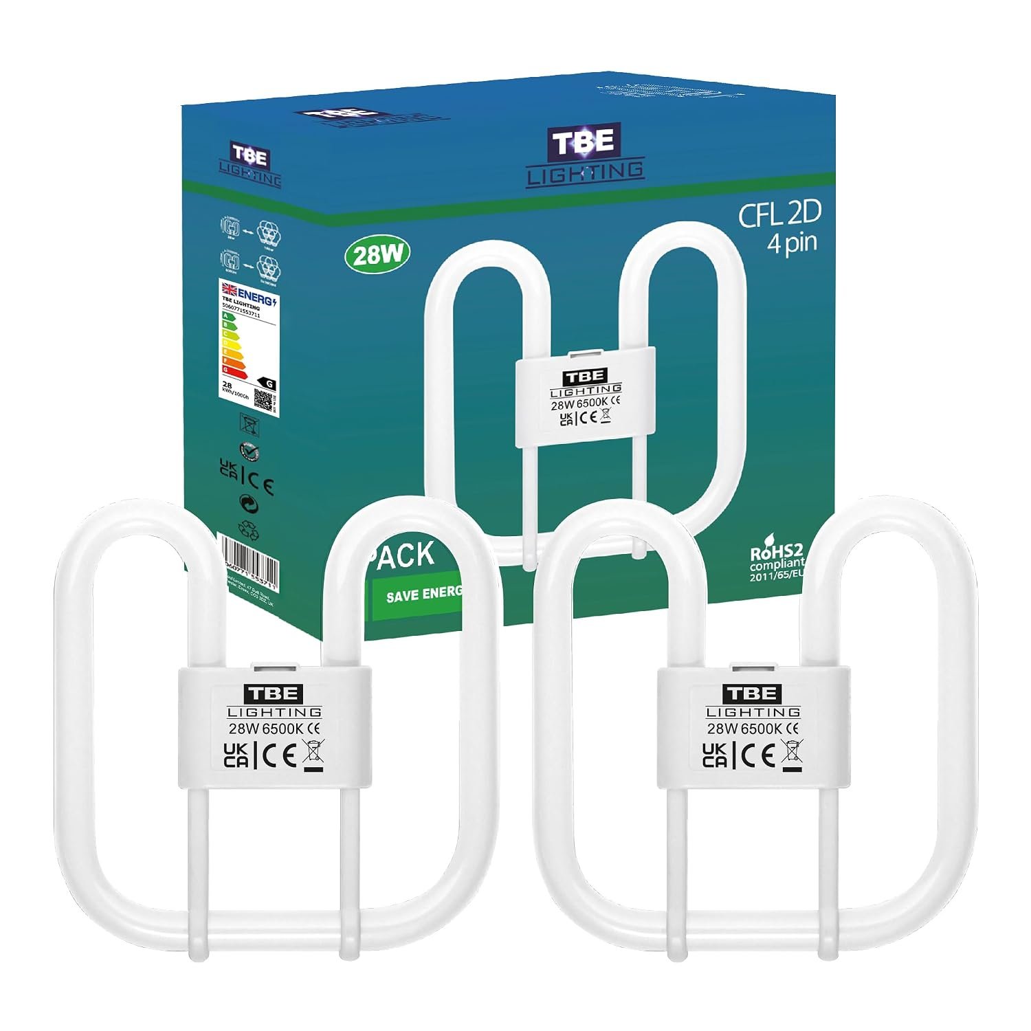 TBE LIGHTING 28w 2D 4-PIN CFL Energy Saving Lamps - DD Fluorescent Bulbs - 4-Pin GR10q Base Fittings - Long Life Lamp, Day Light White 6500K (2 Pack)