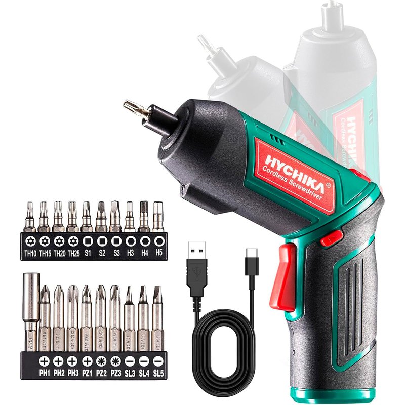 HYCHIKA Electric Screwdriver, 6N.m and 2000mAh 3.6V Cordless Screwdriver with 20 Accessories, Work Light, Charging Cable and Magnetic Chuck