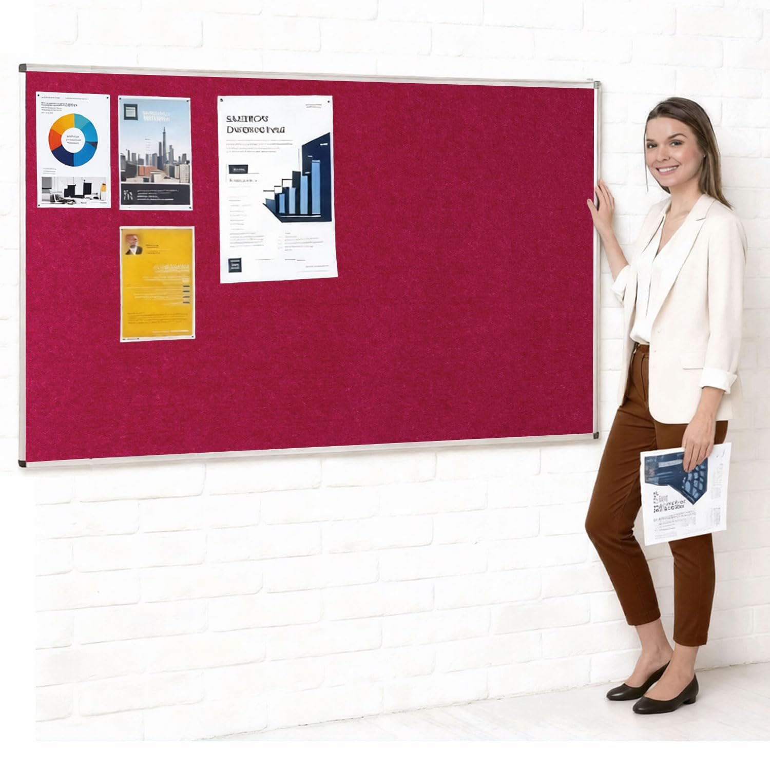 Metroplan Fire-Retardant Aluminium Frame Noticeboard, 120 x 240 cm, Raspberry, Large Pinboard, Wall-Mounted, 12 Colour Pinboard Options - Ideal for Office, Classroom, Notice Displays
