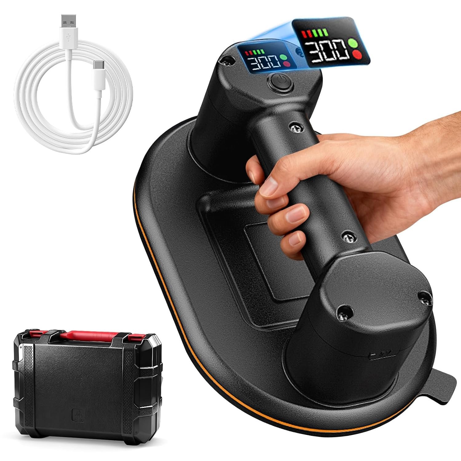 Electric Vacuum Suction Cup Lifter with 300kg Capacity, Heavy Duty 24cm Oval Glass Suction Cup with Dual Motor, LCD Display and USB C Rechargeable Design for Glass, Tiles, Metal, Marble and Panels