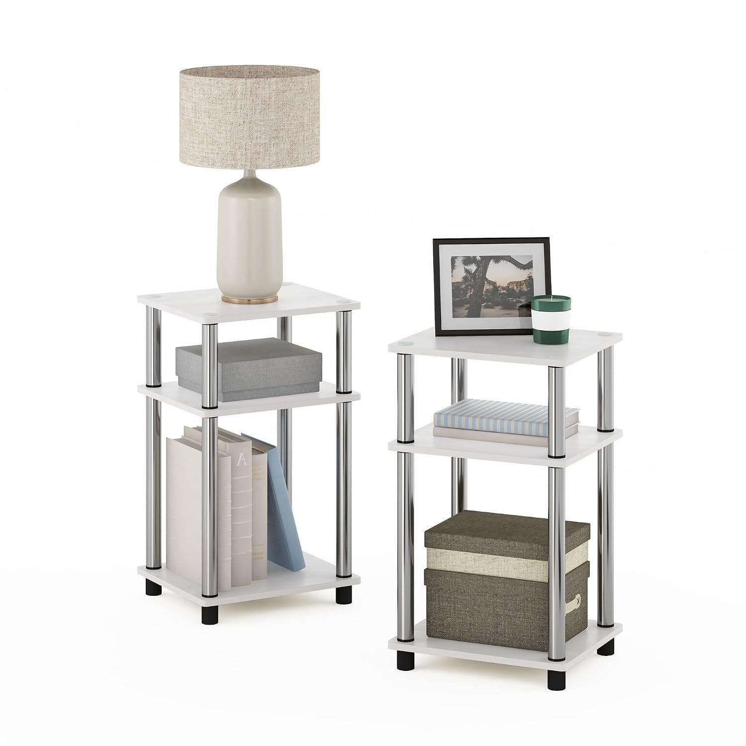 Furinno JUST Side Table Set of 2, 3-Tier End Tables, Open Shelves Night Stand, Nightstand, Toolless Assembly, for Living Room, Bedroom, White Oak/Stainless Steel
