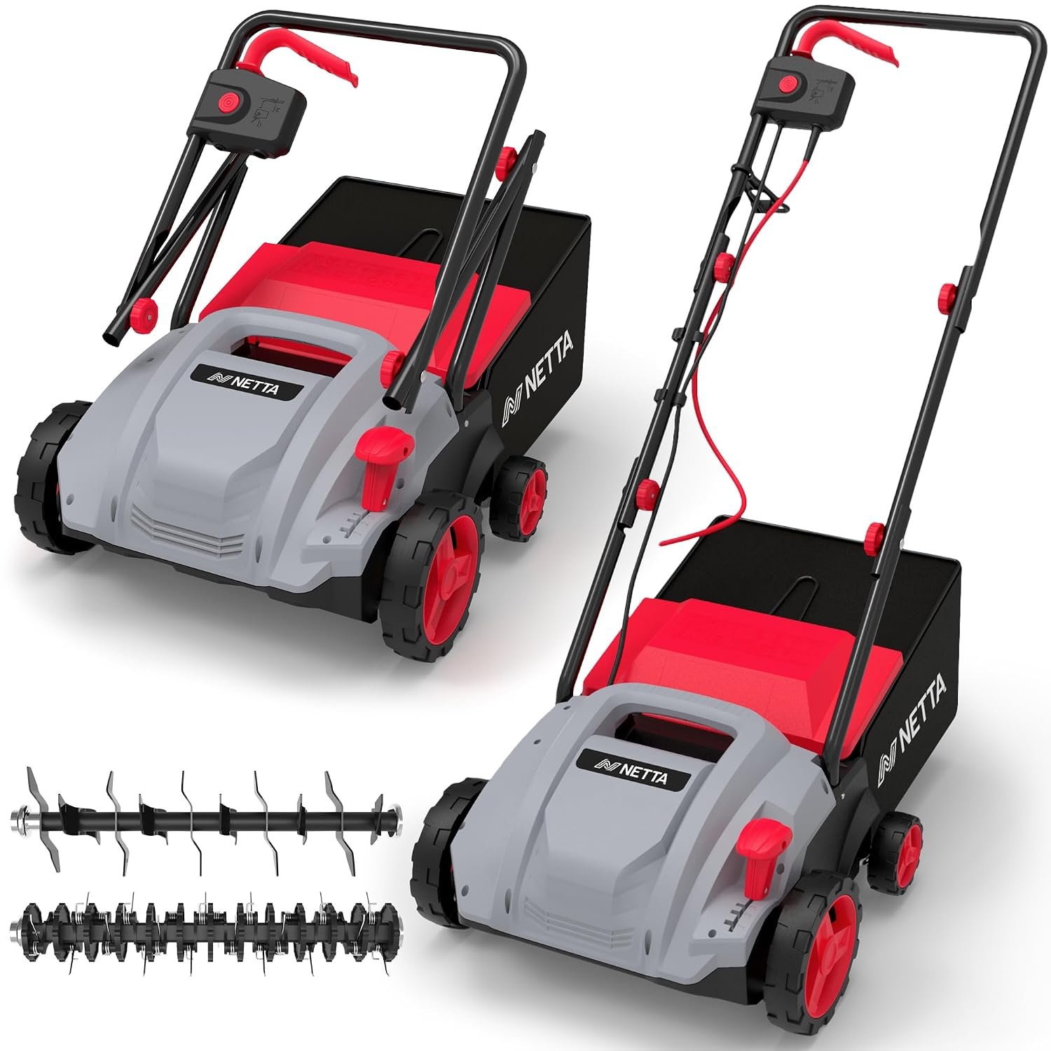 NETTA 1500W Lawn Scarifier and Aerator - 320mm Electric Garden Rake & Moss Remover - 4 Adjustable Heights, 30L Collection Box - 10m Cable Lawn Scarifier Rake for Grass & Garden