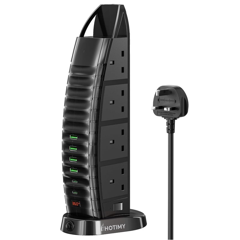 hotimy Tower Extension Lead with USB Slots 2M, 8 Way Outlets Multi Plug 6 (2 Type C & 4 A Ports) Overload Protection Cord 2 Independent Switches, Power Strip