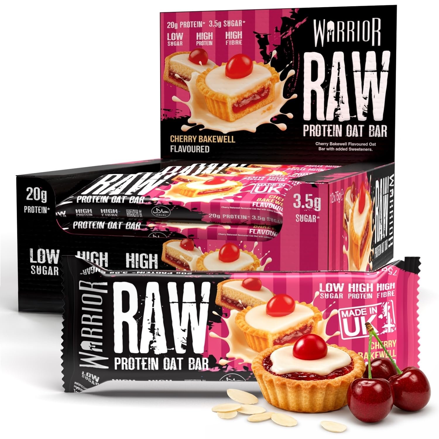 Warrior RAW Protein Bars 12 x 75g – 20g High Protein Bar, Low Sugar High Fibre Oat Protein Flapjack – Protein Snacks, Meal Replacement Bars (Cherry Bakewell)