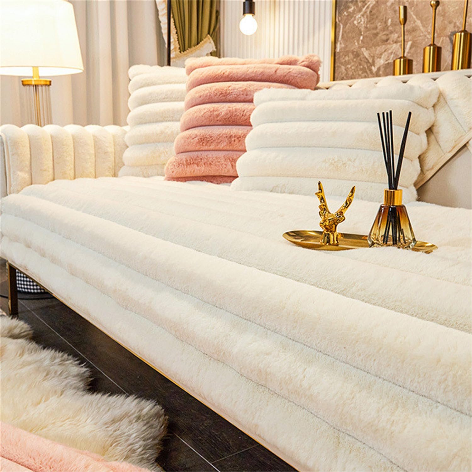 LINGKY Thick Rabbit Plush Sofa Covers 1 2 3 Seater, Non-Slip Sofa Slipcovers For Corner L Shape, Funny Fuzzy Sofa Cover, Warm Velvet Sofa Cushion Covers, Washable Furniture Protector (Cream,90x120cm)