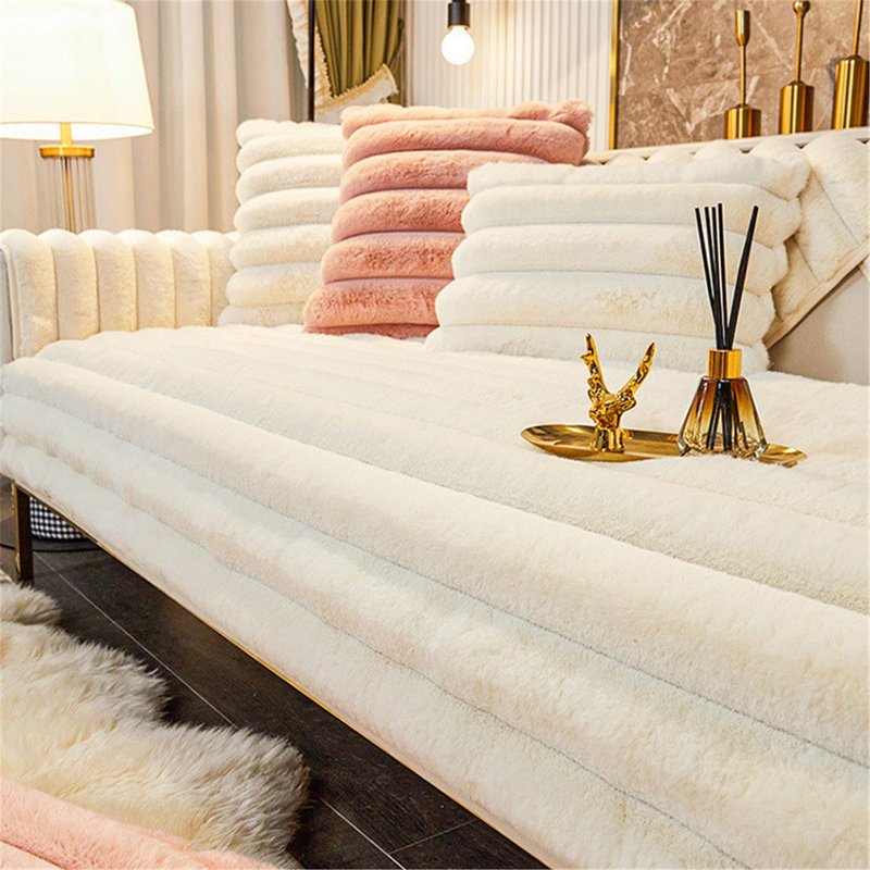 LINGKY Thick Rabbit Plush Sofa Covers 1 2 3 Seater, Non-Slip Sofa Slipcovers For Corner L Shape, Funny Fuzzy Sofa Cover, Warm Velvet Sofa Cushion Covers, Washable Furniture Protector (Cream,90x120cm)