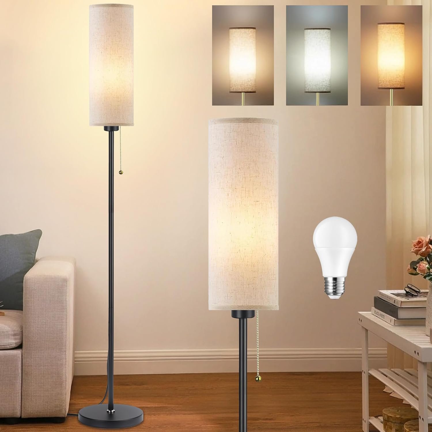 Seruno X Floor Lamp Linen Standing Lamp with Pull Chain Switch 3 Color Temperatures, 9W Led Bulb Included, Modern Black Pole Standard Corner Lamp with Lampshade for Living Room Bedroom, No Remote