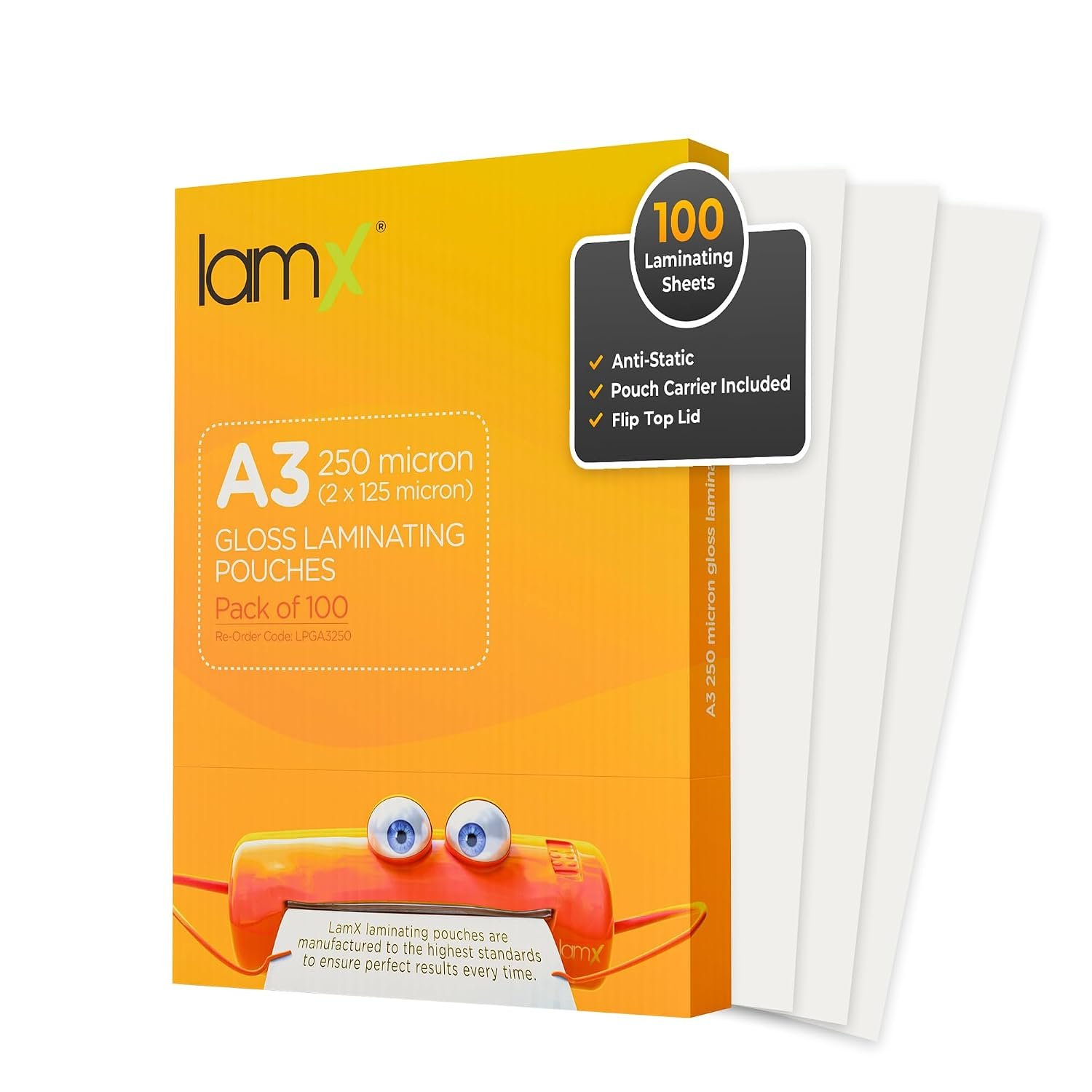 LamX A3 Laminating Pouches 250micron, High Gloss Finish Sheets, Anti-Static Formula Laminating Pouches A3, 250 Micron (125+125 Micron) Pack of 100 Laminating Sheets, Free Pouch Carrier Included