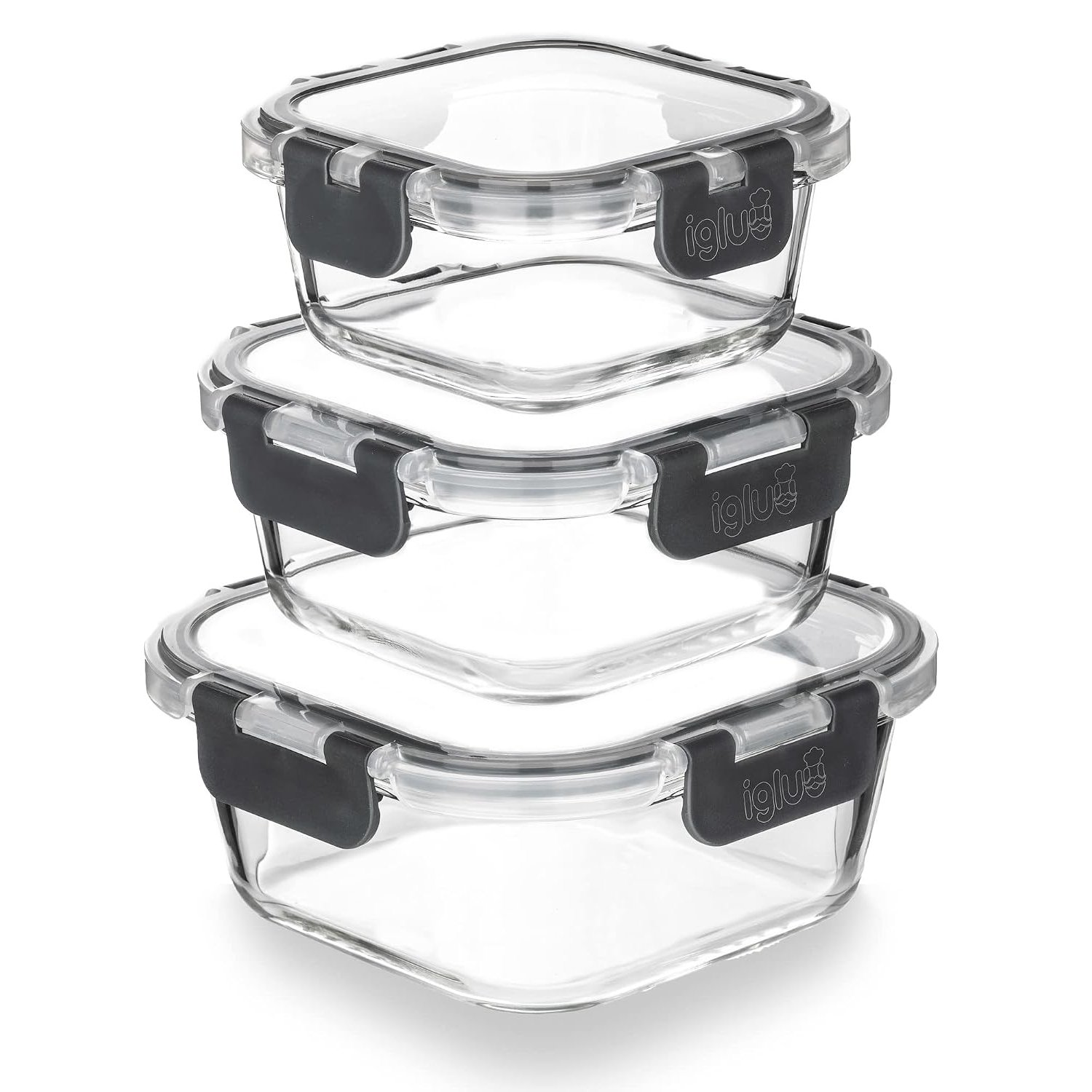 Igluu Meal Prep Square Glass Containers with Lids (3 Pack) – Airtight & BPA-Free – Oven, Microwave, Freezer and Dishwasher Safe – 320ml, 520ml, 800ml – Durable Borosilicate Glass