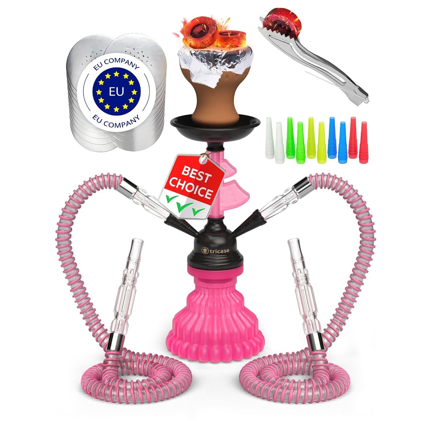 Shisha Set 2 Hose Royal Blue 12” 30cm Blue Mini Hookah 2 Pipe with 50x Foil Hookah Bowl 10x Tips 2x Mouthpiece 2x Hose with Tongs Portable Shisha To Go
