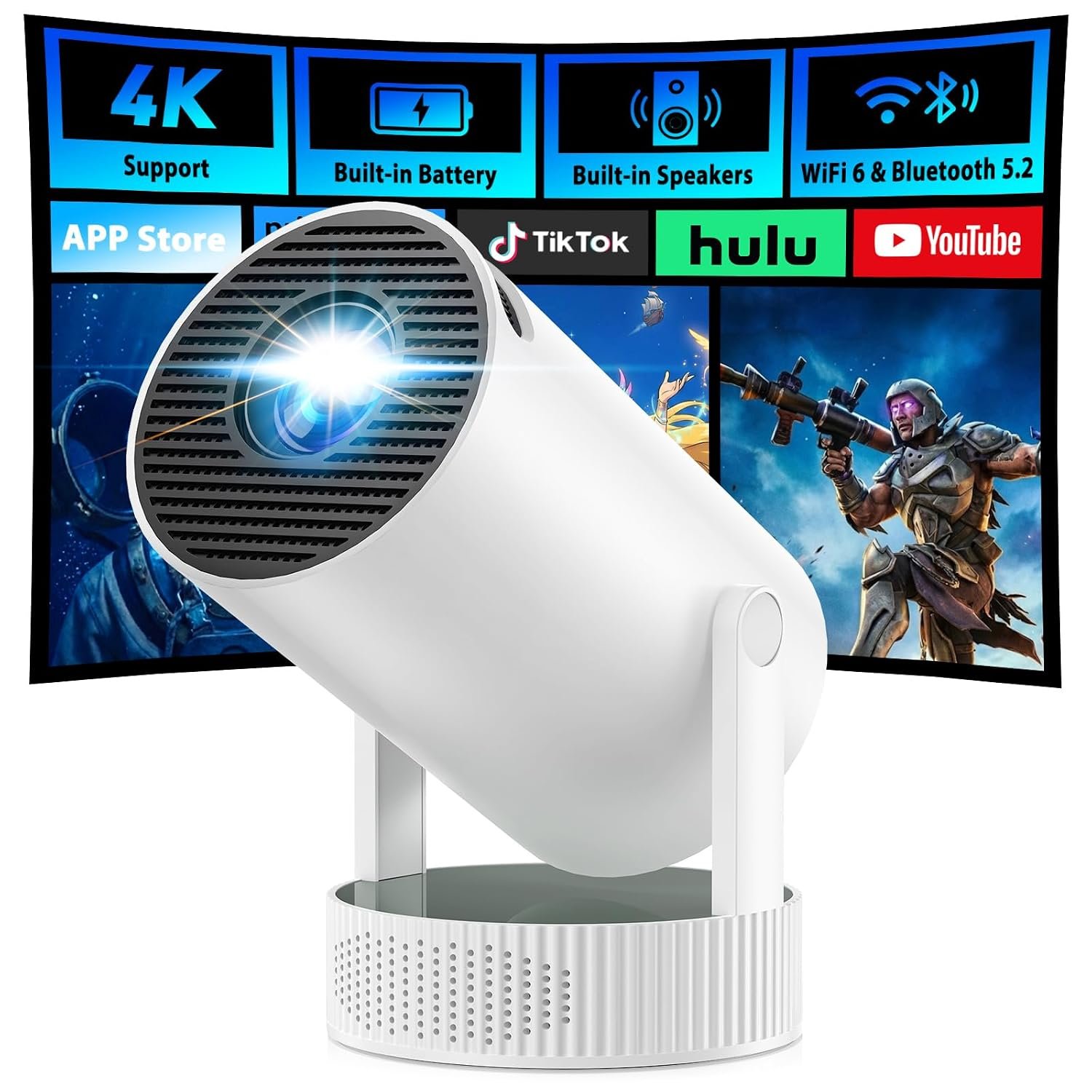Mini Projector, 4K Support Smart Projector with Rechargeable Battery, Movie Projector with Speaker, Auto Vertical Keystone 220° Rotatable Portable Video Projectors for Outdoor Home Bedroom