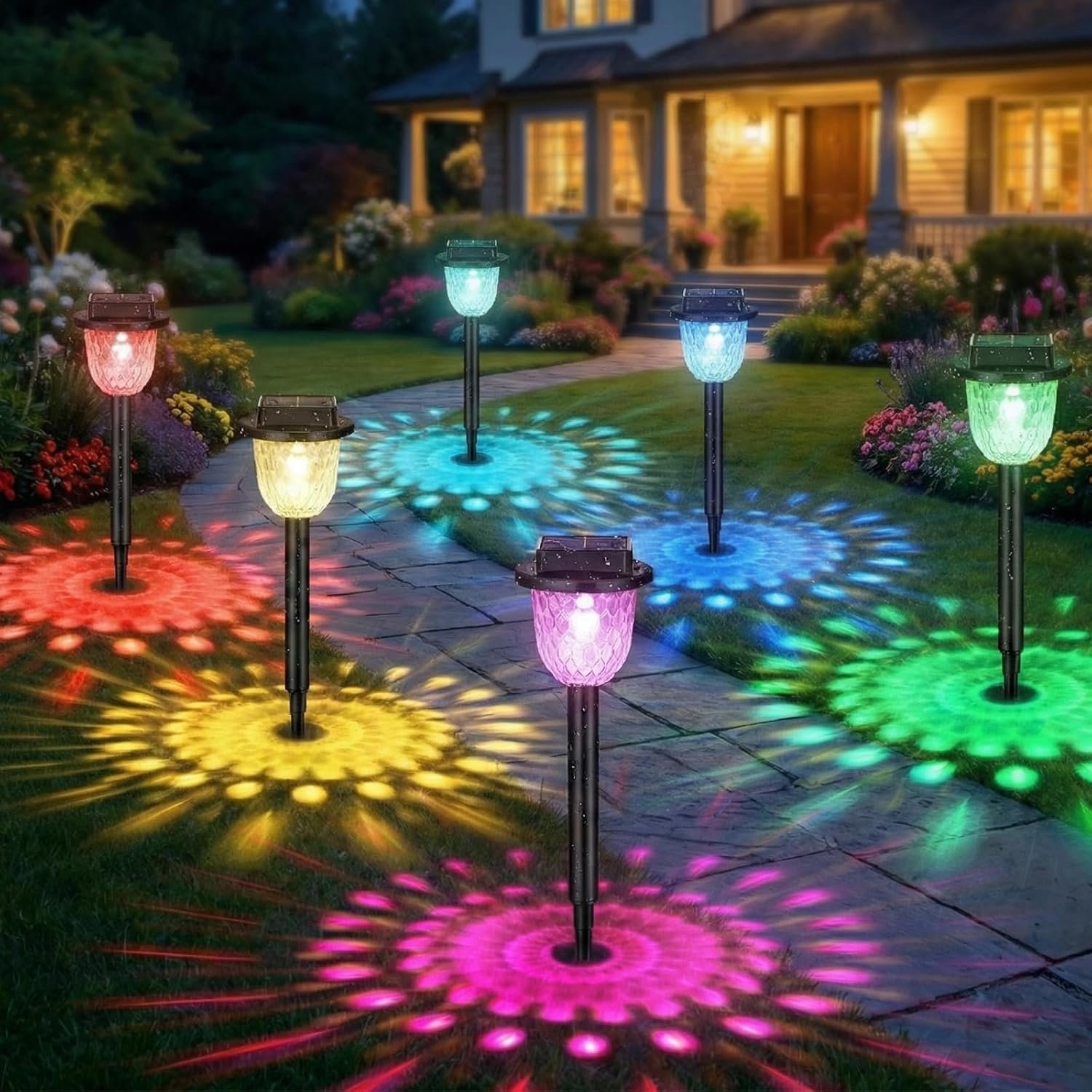 hixyer 6 Pack Solar Garden Lights Outdoor Waterproof, Colour Changing & Warm White Solar Path Lights, Dynamic Shadow Pattern Decorative Landscape Lighting for Lawn, Patio, Driveway