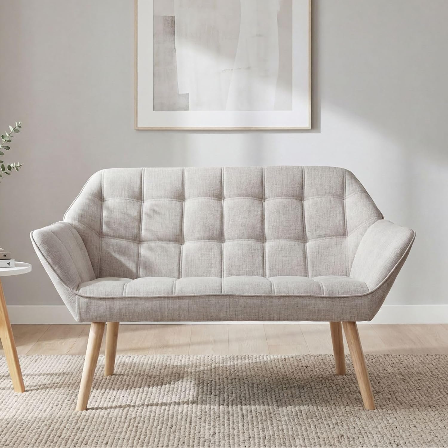 Ya-Home Modern 2 Seater Sofa Linen Upholstered Loveseat Sofa with Solid Wood Legs, Comfortable Padded Couch for Living Room/Bedroom, Beige