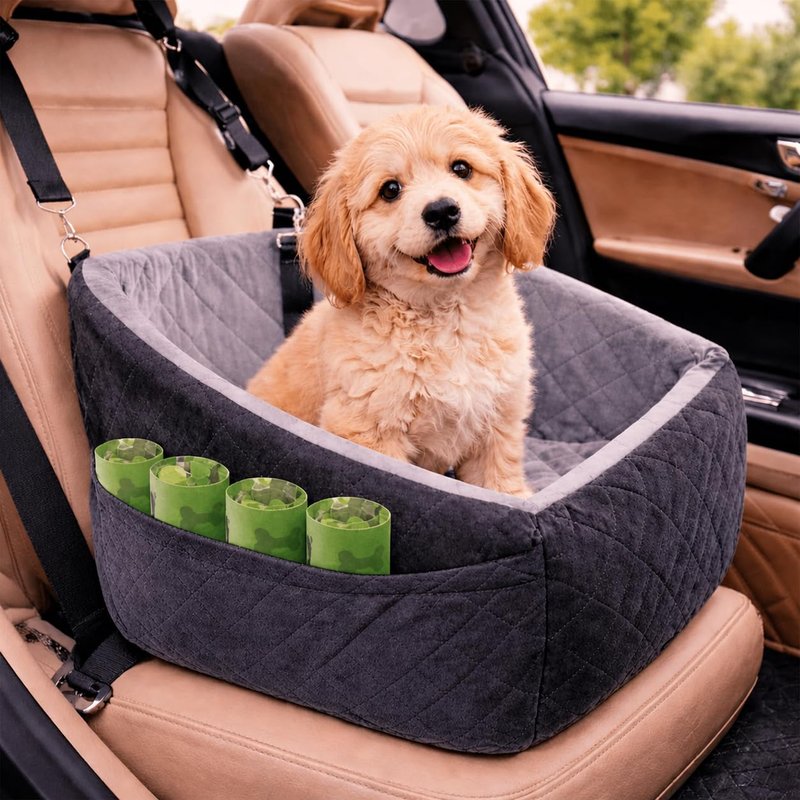 Dog Car Seat Booster for Small & Medium Dogs & Cats with 4 Poo Bag Rolls, Memory Foam Pet Travel Bed with Thick Cushion, Waterproof Detachable Washable Cover, Safety Leash & Storage Pockets