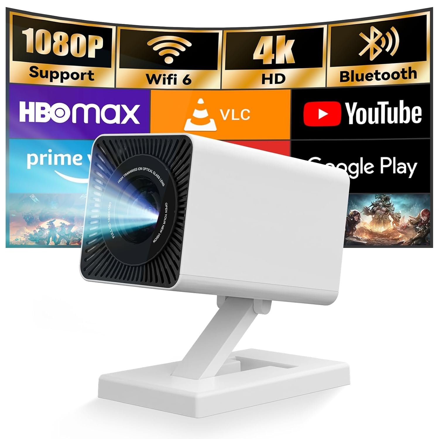 Mini Projector with WIFI 6 and Bluetooth, 4K 1080P Support Portable Projector Movie Auto Keystone for Laptop, PC, Smartphone