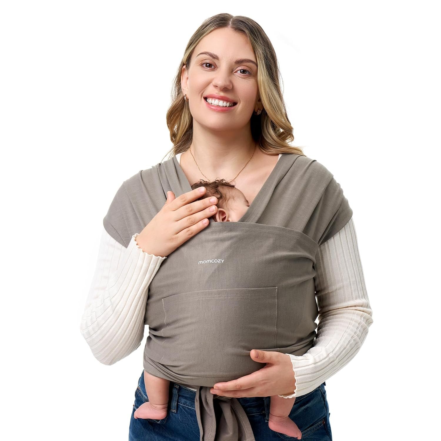 Momcozy Baby Wrap Carrier - Easy to Wear Infant Carrier Slings, Lightweight Hands Free Baby Sling, Adjustable Baby Carriers for Newborn to Toddler 3.6-15KG, Brown